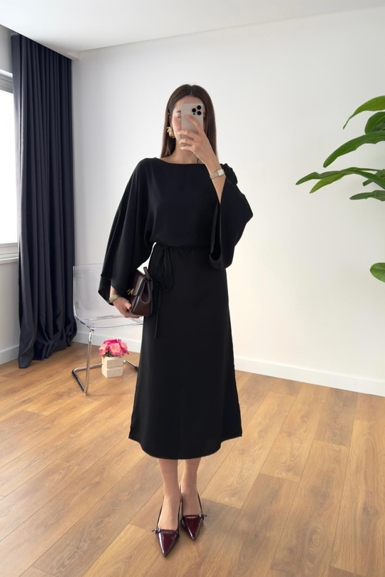 MD Kesna Siyah Beli İpli Maxi Elbise