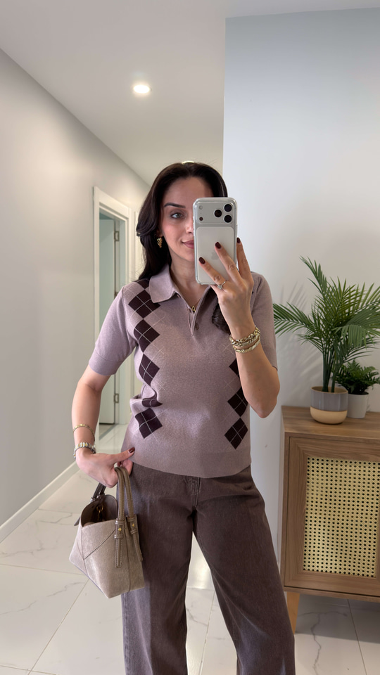 MD Tiesra Vizon Kahve Polo Yaka Baklava Desenli Kısa Kol Triko