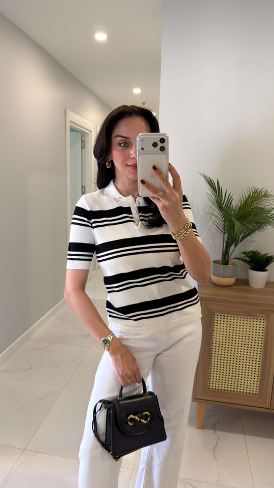MD Veone Ekru Siyah Polo Yaka Kısa Kol Triko