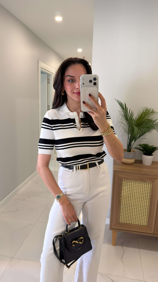 MD Veone Ekru Siyah Polo Yaka Kısa Kol Triko