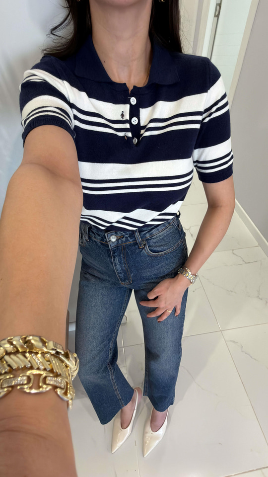 MD Veone Lacivert Beyaz Polo Yaka Kısa Kol Triko