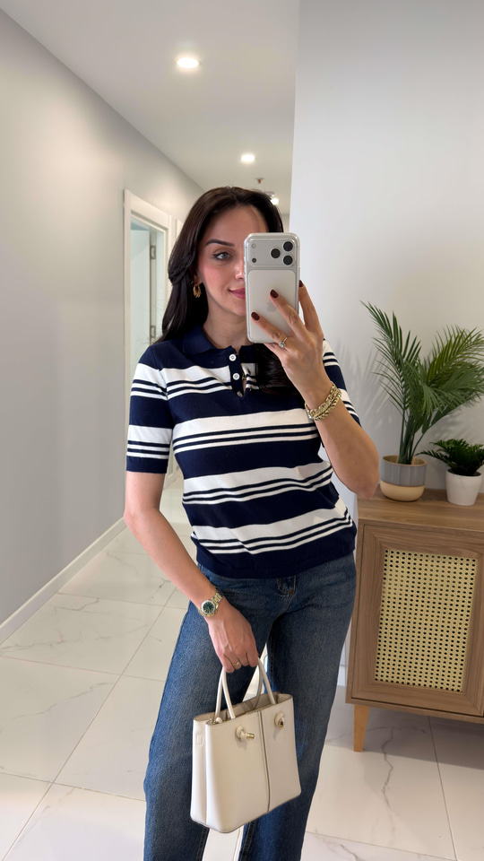 MD Veone Lacivert Beyaz Polo Yaka Kısa Kol Triko