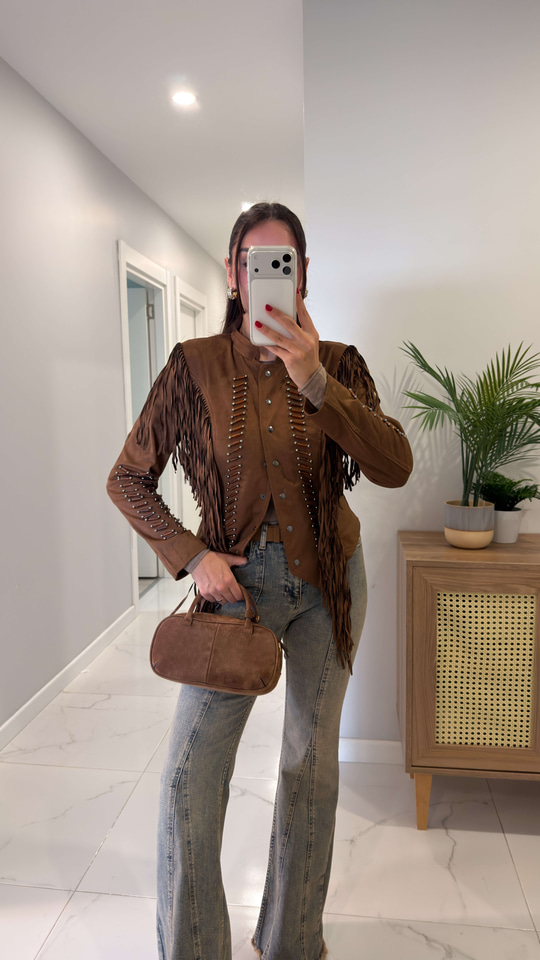 Melina Camel Süet Püsküllü Ceket