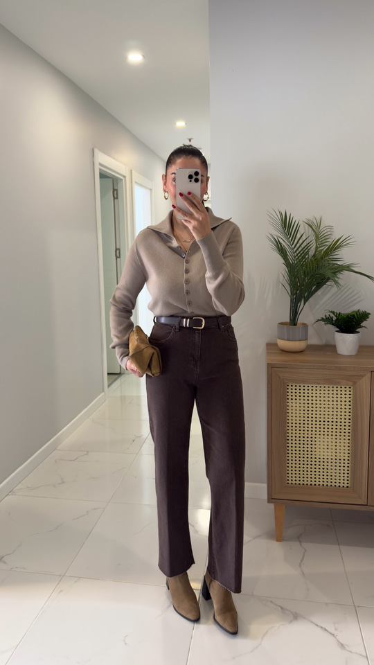 Melotti Kahve Yıkama Kesik Paça Kemerli Straight Jean