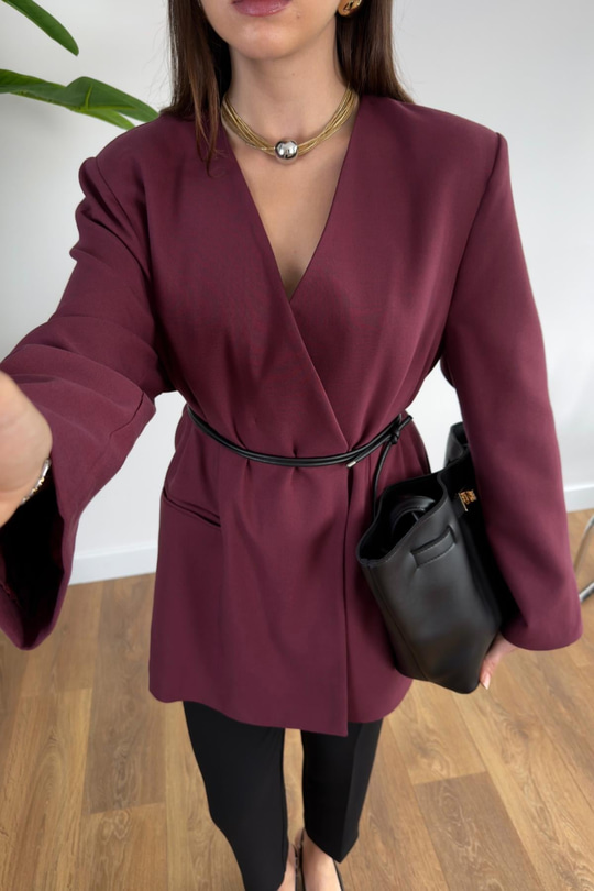 Meslan Bordo Kruvaze Yaka Kemerli Blazer Ceket