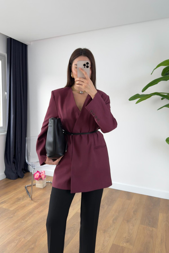 Meslan Bordo Kruvaze Yaka Kemerli Blazer Ceket