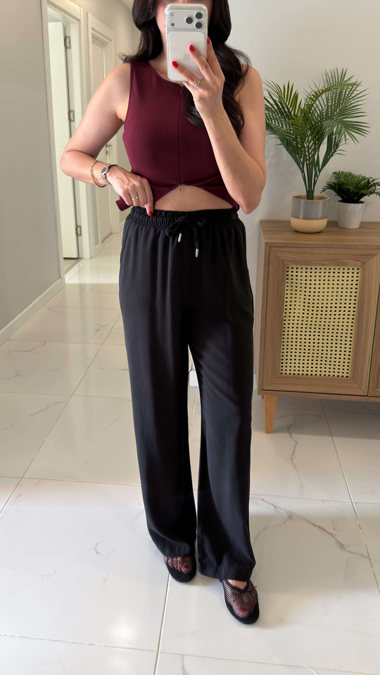 Milina Siyah Kordonlu Bol Paça Pantolon