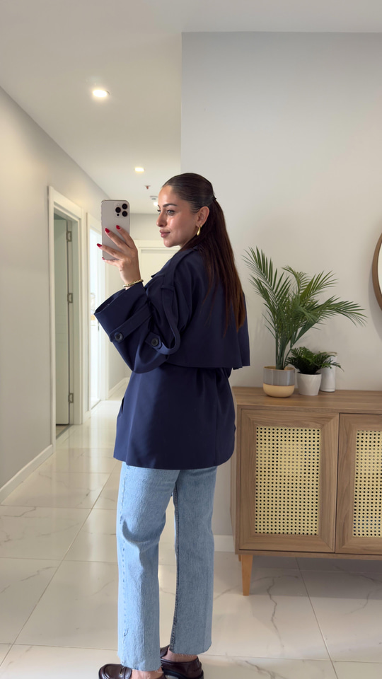 Mimosa Lacivert Kuşaklı Kısa Premium Trençkot