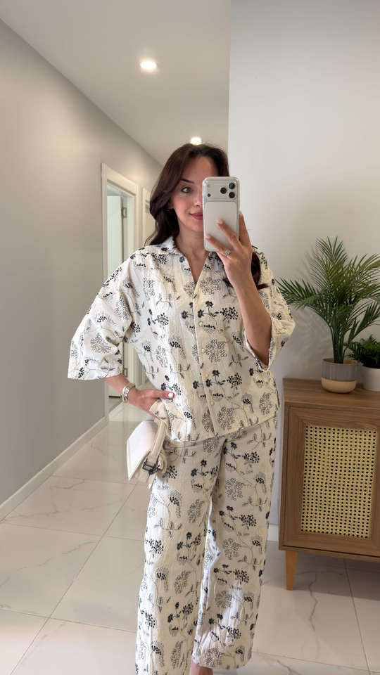 Minola Bej Nakış İşleme Detaylı Keten Gömlek Pantolon Takım