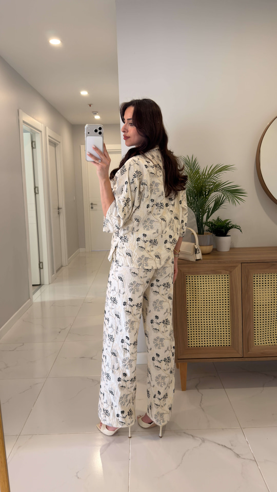 Minola Bej Nakış İşleme Detaylı Keten Gömlek Pantolon Takım