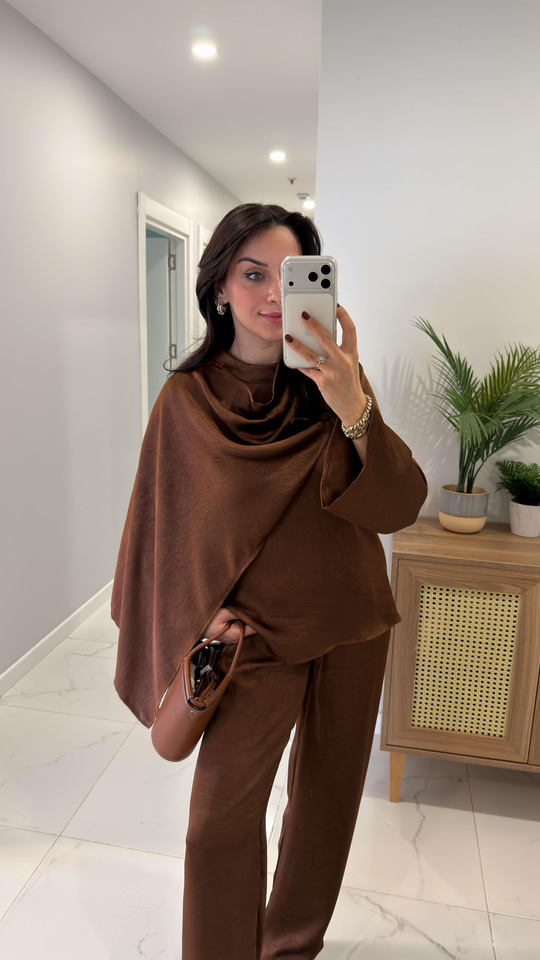 Miossa Kahve Saten Şallı Bluz Pantolon Takım