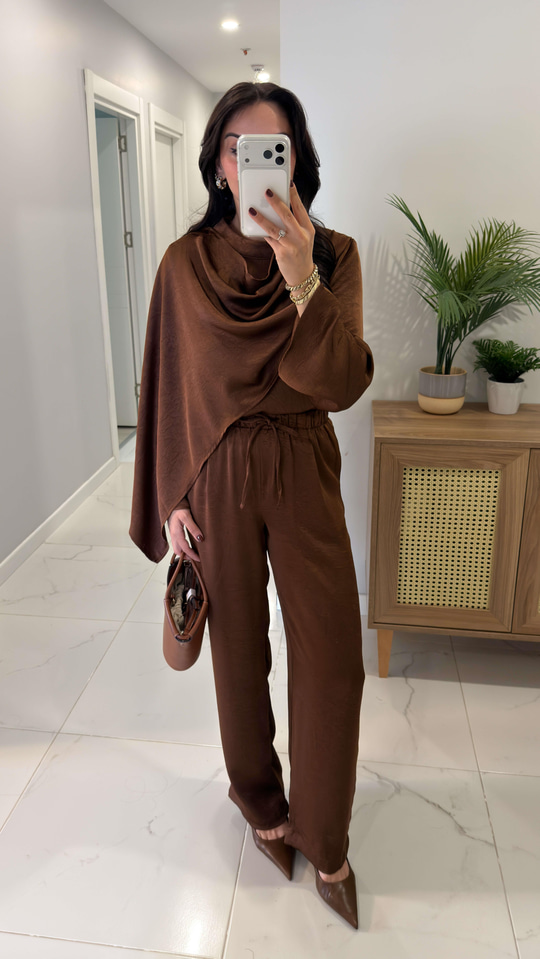 Miossa Kahve Saten Şallı Bluz Pantolon Takım