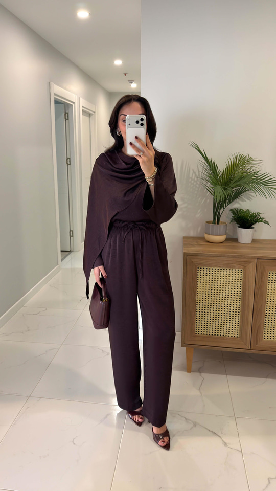 Miossa Mürdüm Saten Şallı Bluz Pantolon Takım