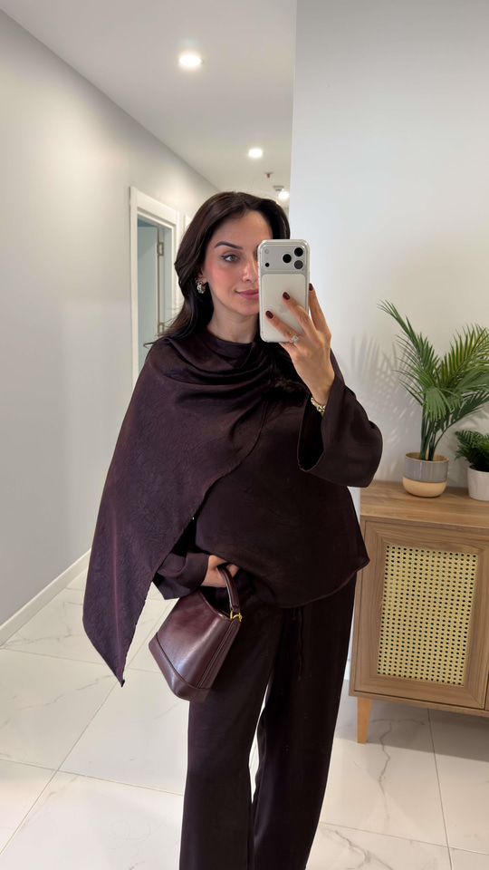 Miossa Mürdüm Saten Şallı Bluz Pantolon Takım