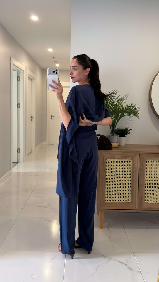 Mirana Lacivert Vatkalı Şal Bluz Pantolon Takım