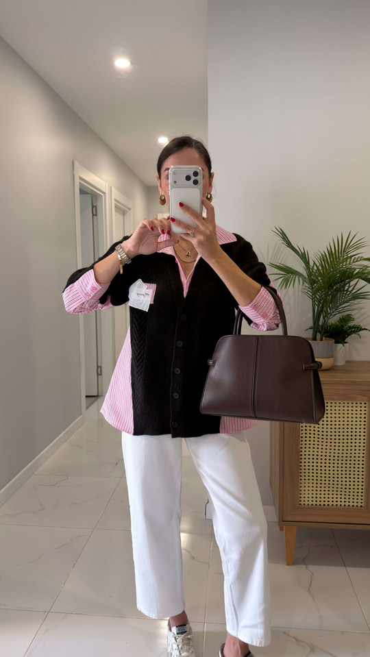 Moleps Kahve Pembe Çizgili Triko Detaylı Gömlek