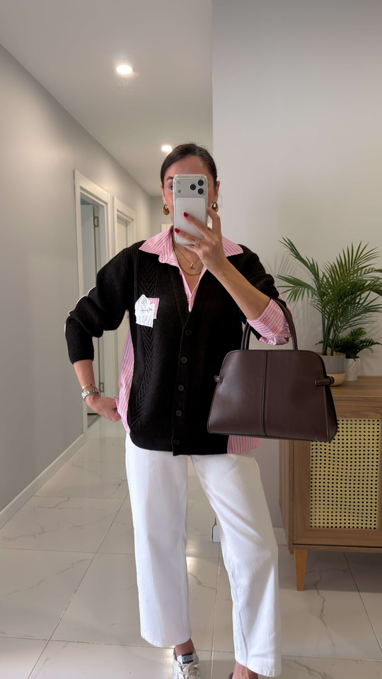 Moleps Kahve Pembe Çizgili Triko Detaylı Gömlek