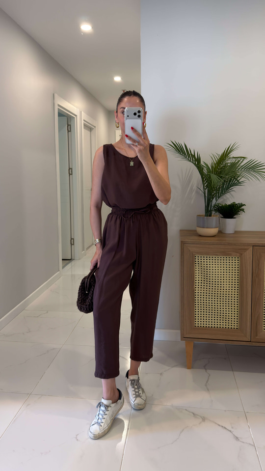 Mone Kahve Tensel Kolsuz Bluz Pantolon Takım