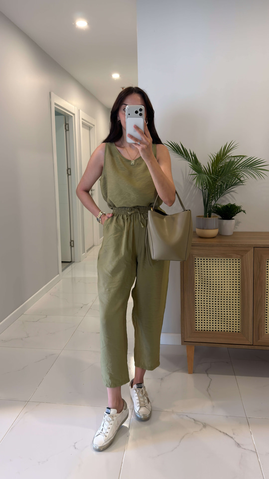 Mone Olive Tensel Kolsuz Bluz Pantolon Takım