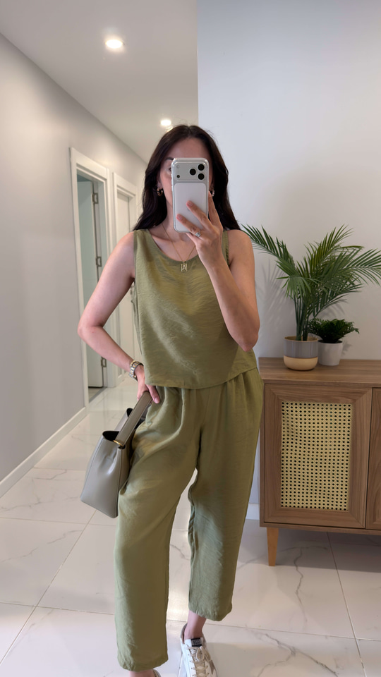 Mone Olive Tensel Kolsuz Bluz Pantolon Takım