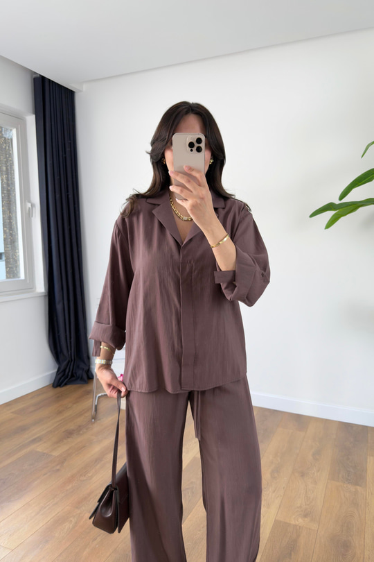 Monsa Acı Kahve Tencel Pantolon Gömlek Takım