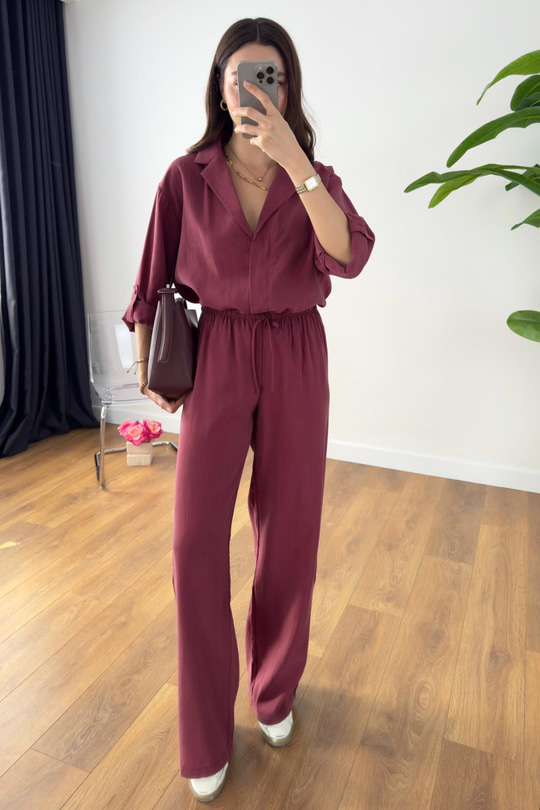 Monsa Bordo Tencel Pantolon Gömlek Takım