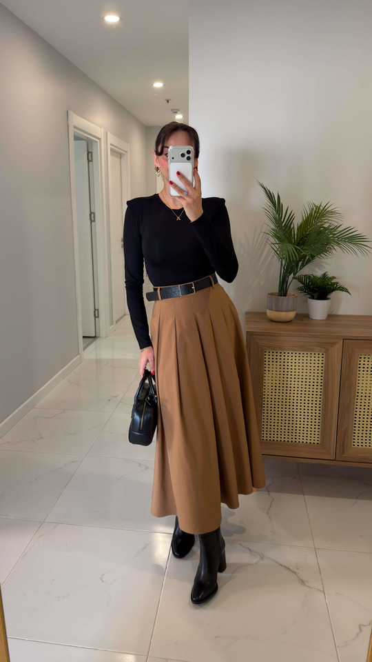 Morse Siyah Camel Premium Vatkalı Kemerli Elbise