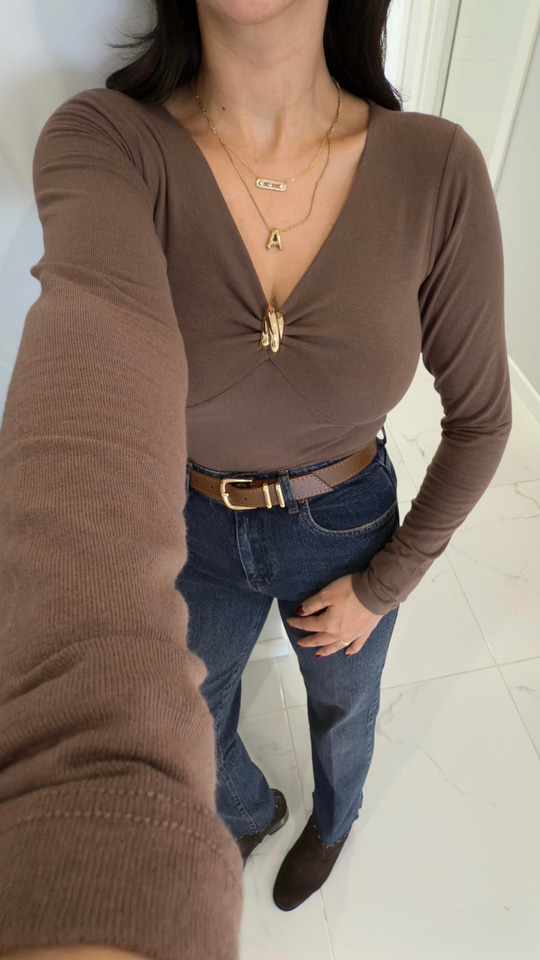 Moste Mocha Yakası Gold Toka Detaylı Bluz