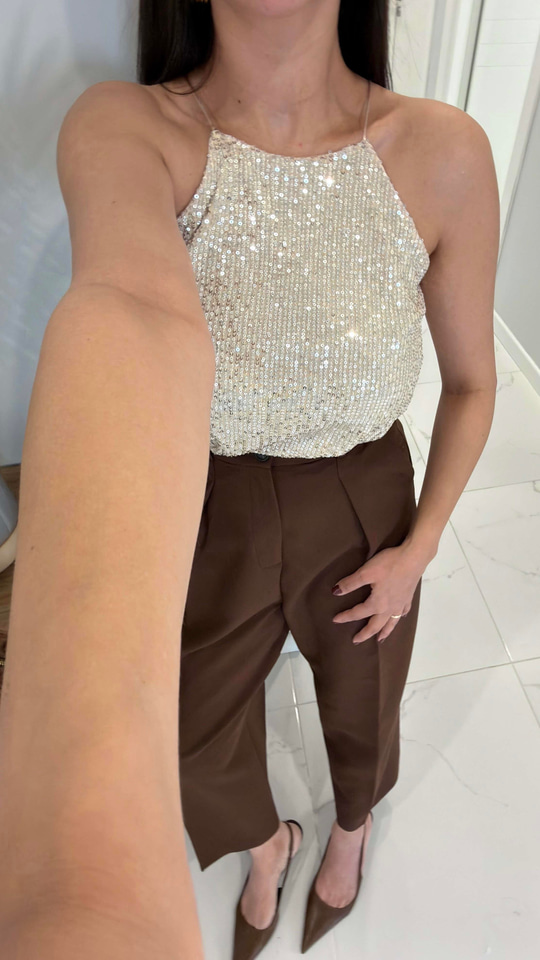 Motre Bej Askılı Pul Payet Bluz