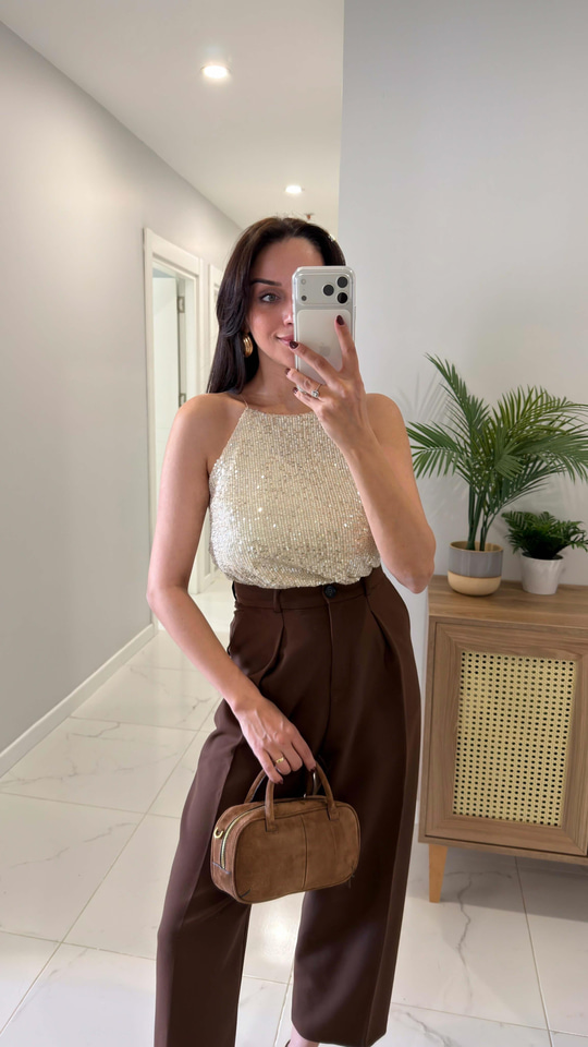 Motre Bej Askılı Pul Payet Bluz