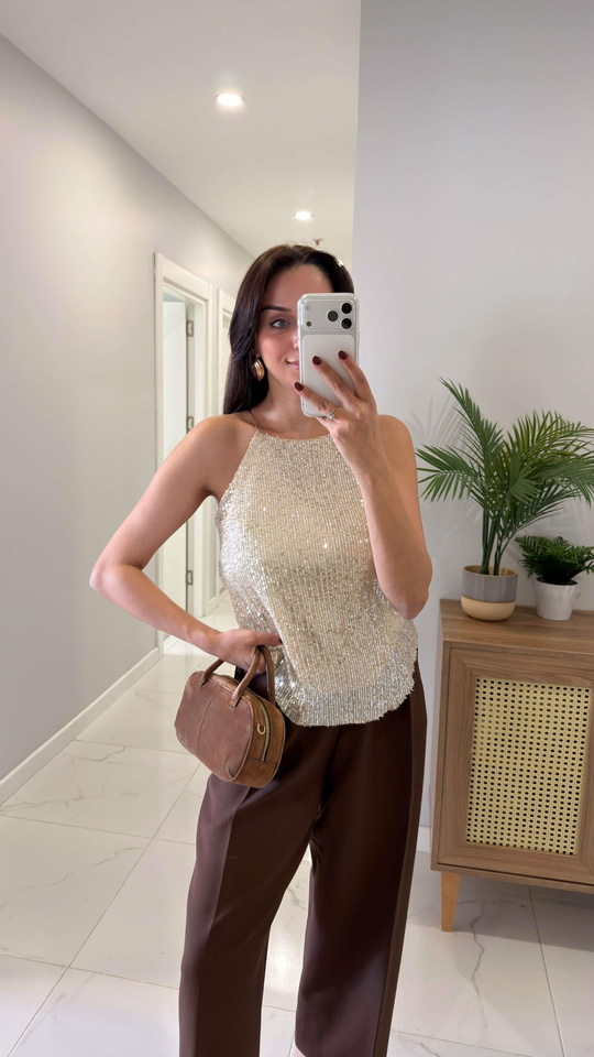 Motre Bej Askılı Pul Payet Bluz