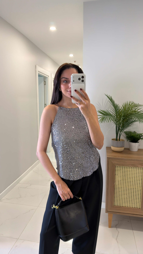 Motre Gri Askılı Pul Payet Bluz