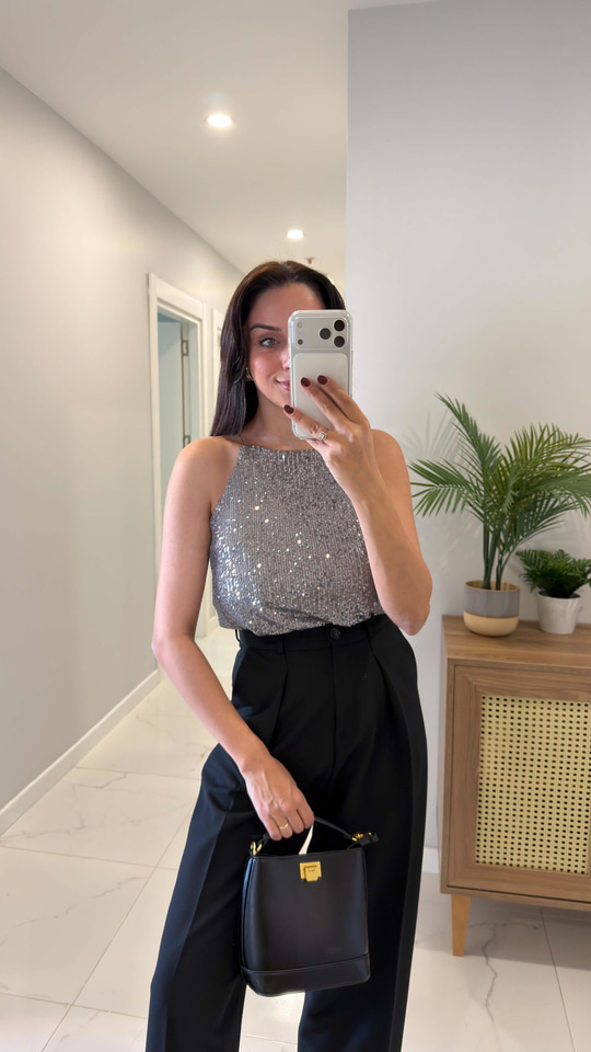 Motre Gri Askılı Pul Payet Bluz