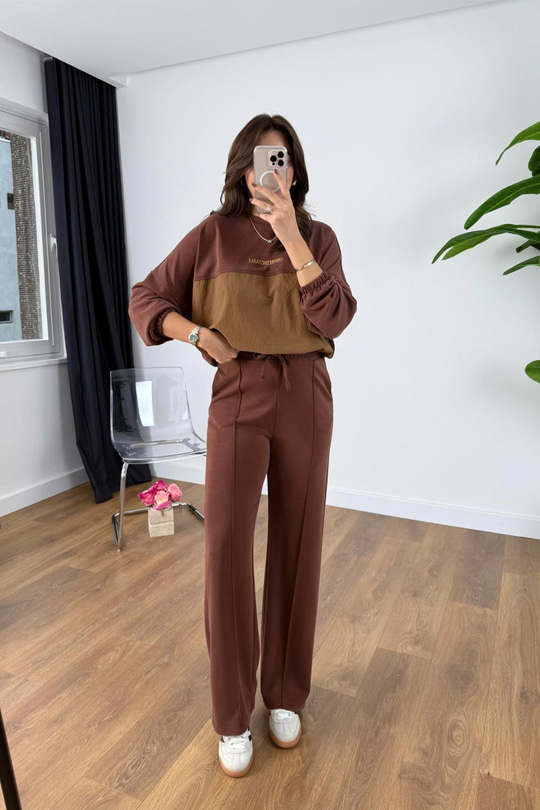 Nadia Bordo Kahve Paraşüt Kumaş Sweat-Pantolon Modal Takım