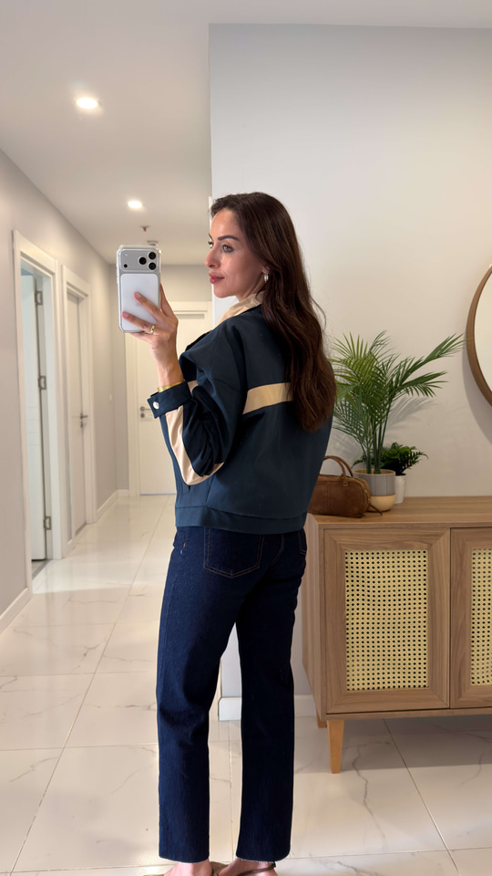 Nilana Lacivert Şerit Detaylı Fermuarlı Ceket