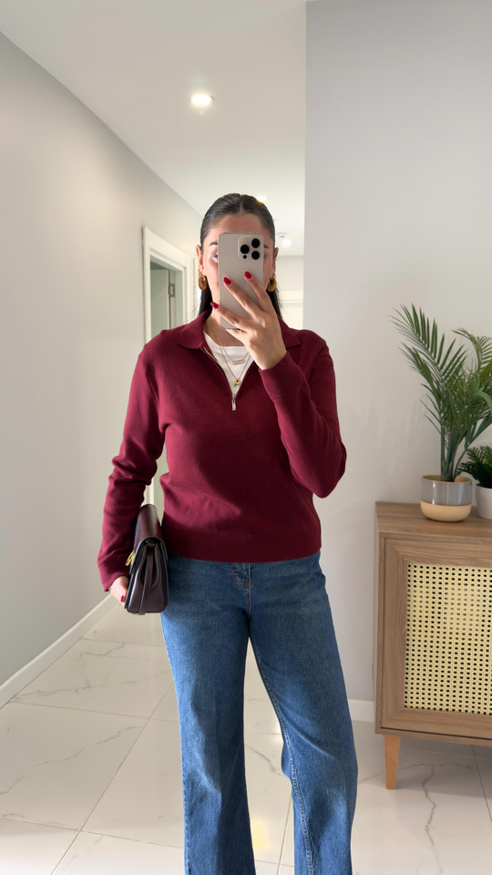 Ninsa Bordo Fermuar Detaylı Uzun Kol Triko