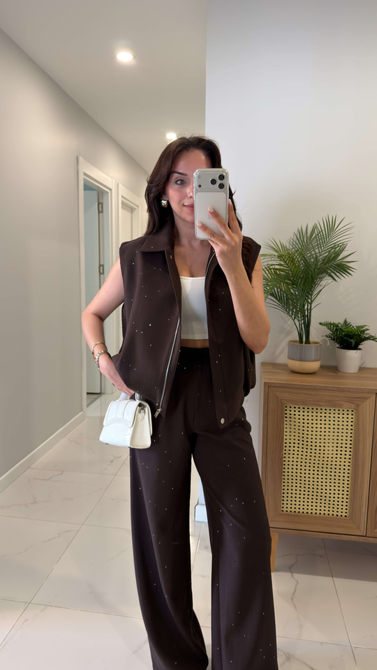 Noksa Kahve Pullu Yelek Pantolon Takım