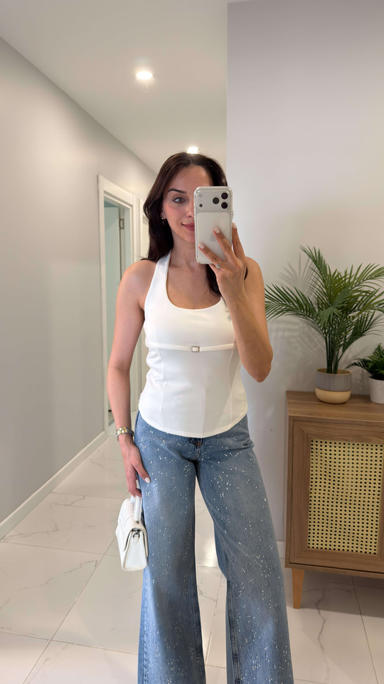 Nullas Ekru Halter Yaka Toka Detaylı Bluz