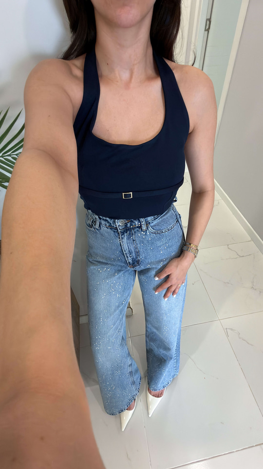 Nullas Lacivert Halter Yaka Toka Detaylı Bluz