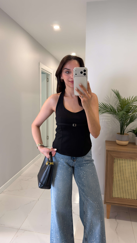 Nullas Siyah Halter Yaka Toka Detaylı Bluz
