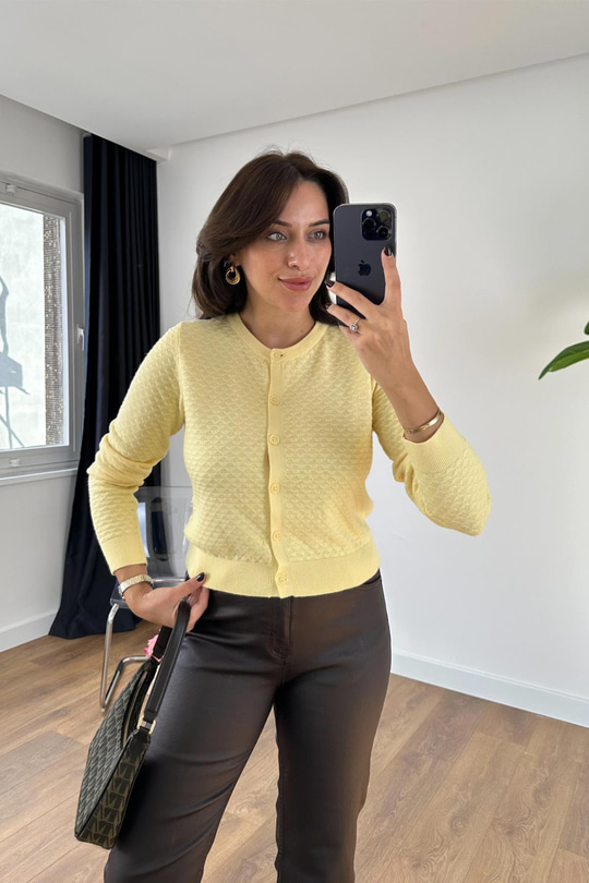 Olanda Sarı Bisiklet Yaka Dokulu Hırka