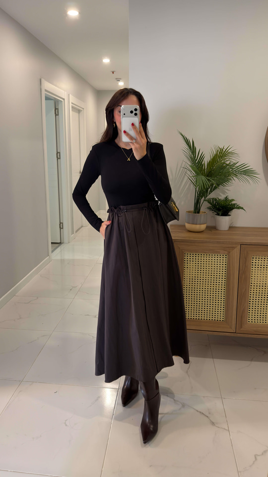 Opya Siyah Kahve Premium Beli Lastikli Elbise