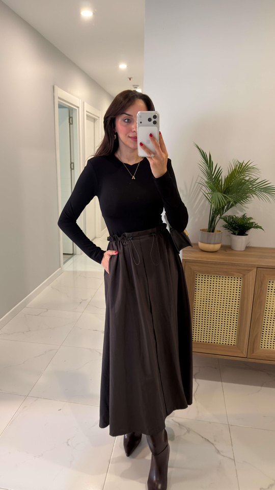 Opya Siyah Kahve Premium Beli Lastikli Elbise