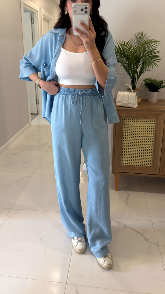 Oxford Buz Mavi Yarım Kol Tensel Denim Takım