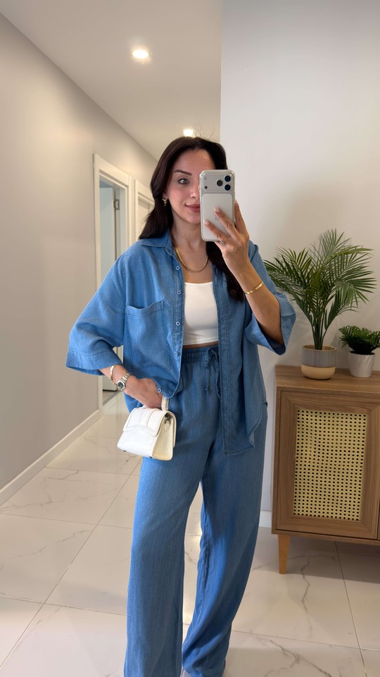 Oxford Orta Mavi Yarım Kol Tensel Denim Takım
