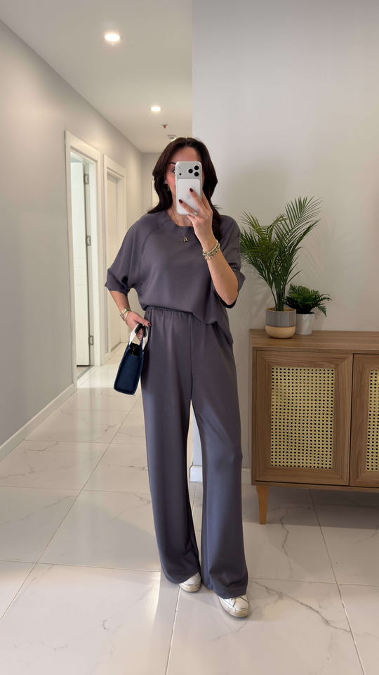 Oysh Virasta Gri Dikiş Detaylı Bluz Pantolon Takım