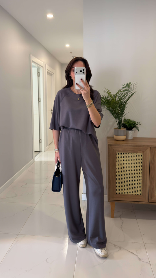 Oysh Virasta Gri Dikiş Detaylı Bluz Pantolon Takım