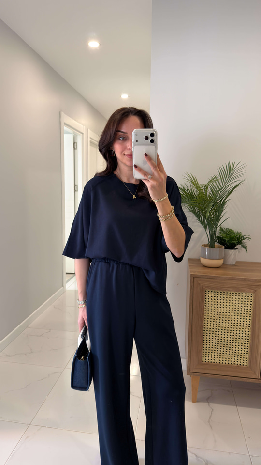 Oysh Virasta Lacivert Dikiş Detaylı Bluz Pantolon Takım