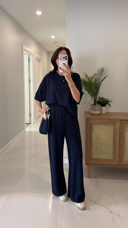 Oysh Virasta Lacivert Dikiş Detaylı Bluz Pantolon Takım