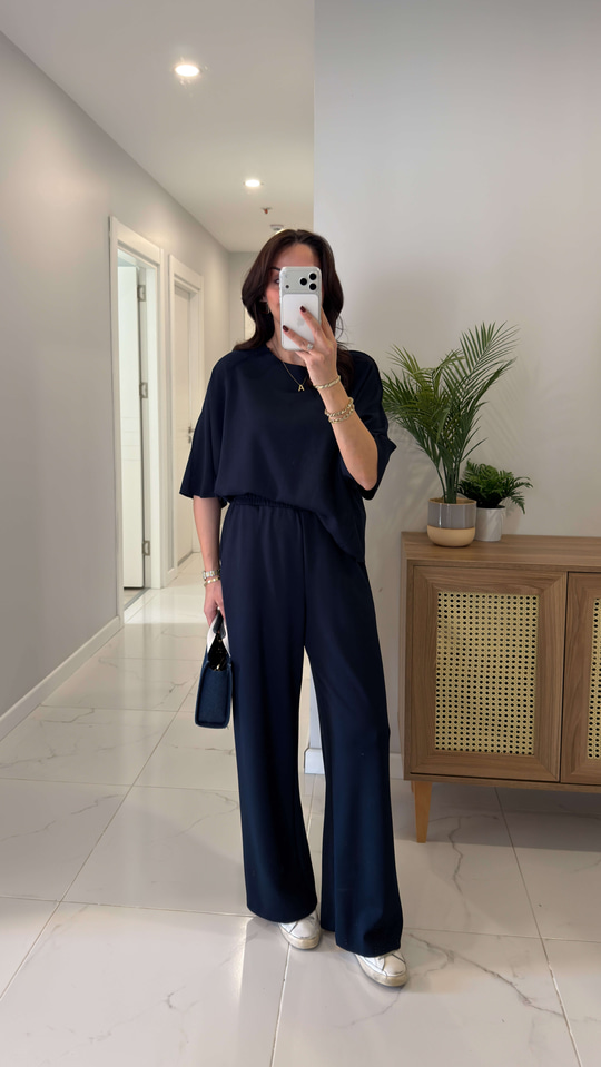 Oysh Virasta Lacivert Dikiş Detaylı Bluz Pantolon Takım